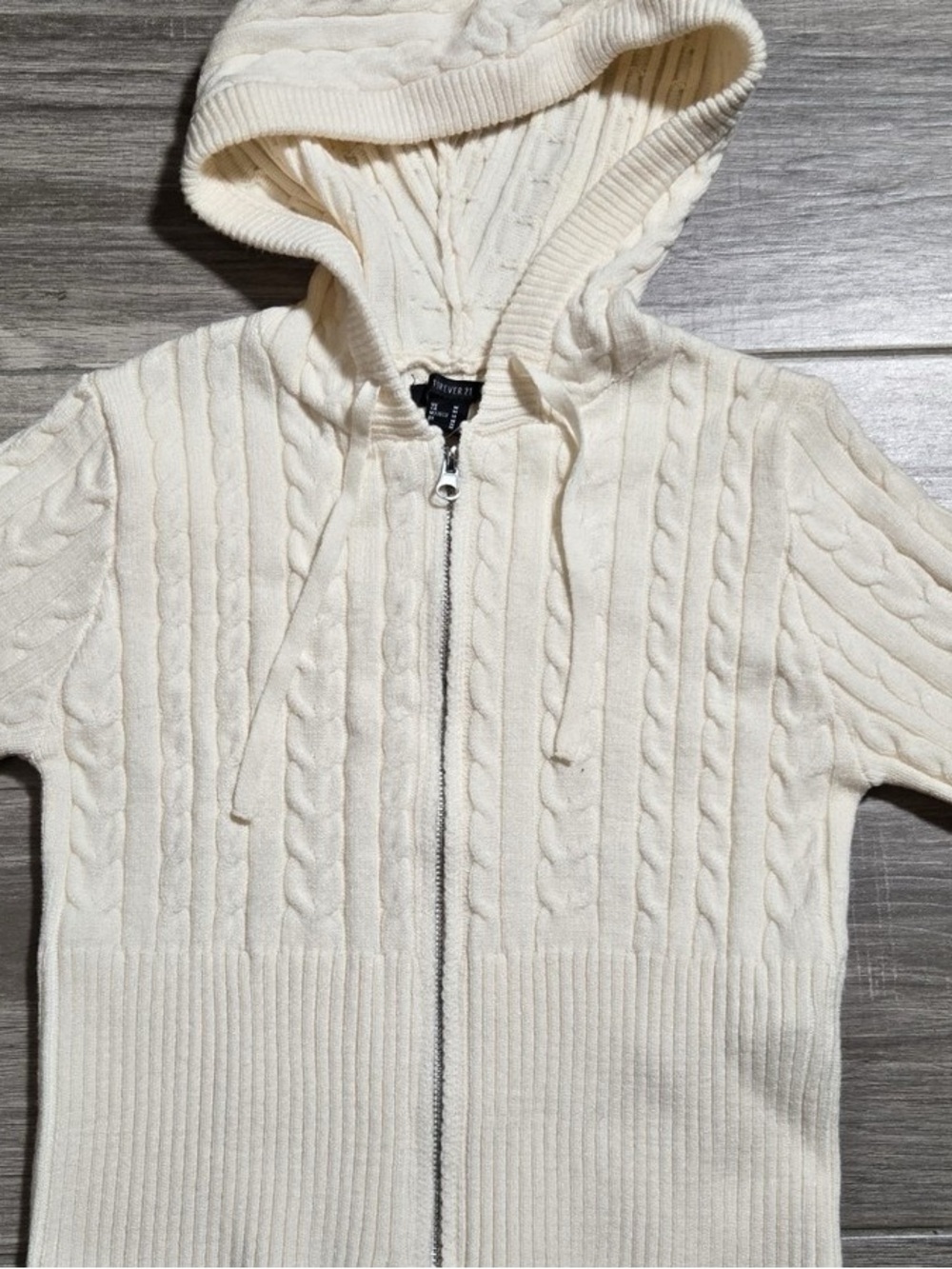 Forever 21 Cream Cable-Knit Hooded Zip Sweater